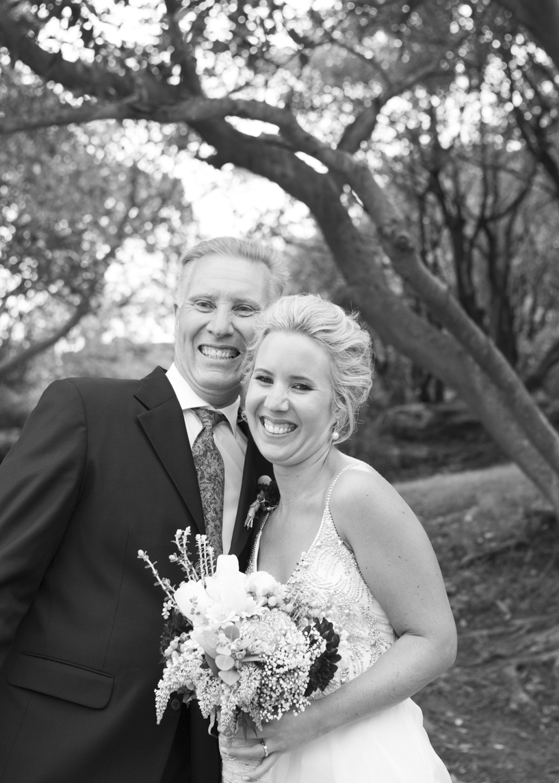 bride with her dad in black and white