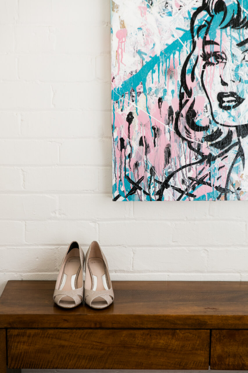 Brides shoes with a pop art painting